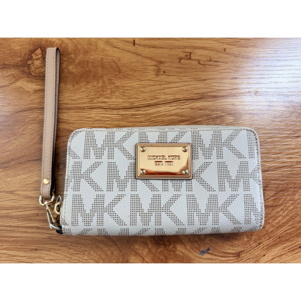Michael Kors Jet Set MK Logo Zip Around Wristlet Wallet Vanilla Monogram Gold OS - Picture 1 of 16